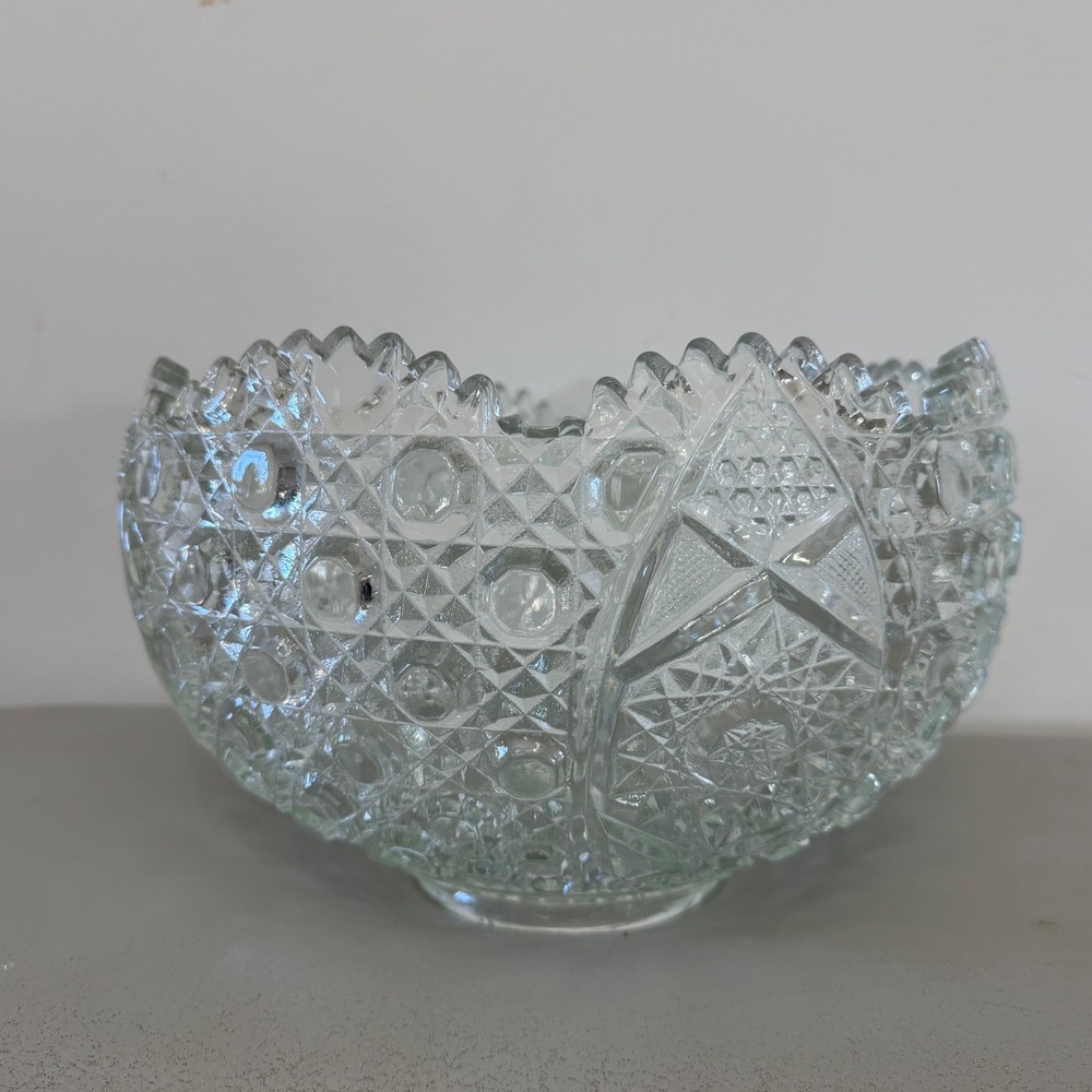 Vintage Large Pressed Glass Punch Bowl Hobstar Daisy Button Sawtooth Rim 13 Inch